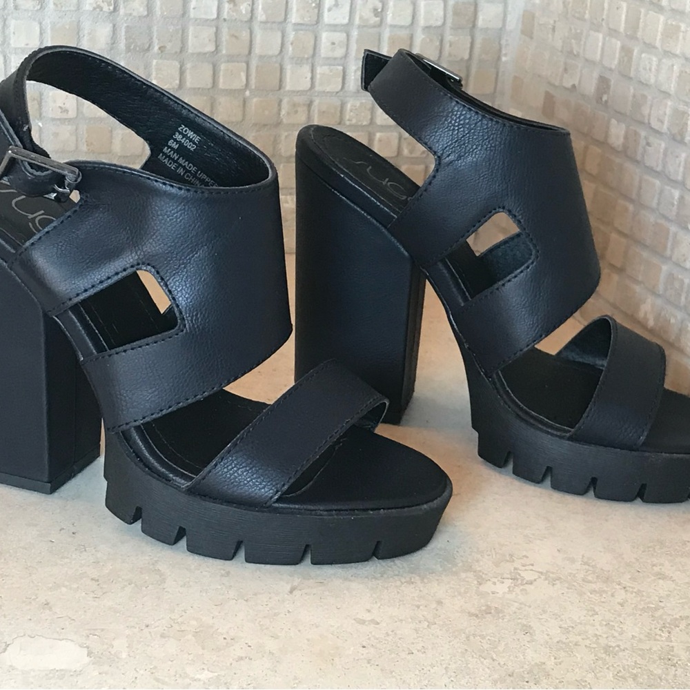 Sugar Black Chunky Platform Cutout Ankle Strap Sandals